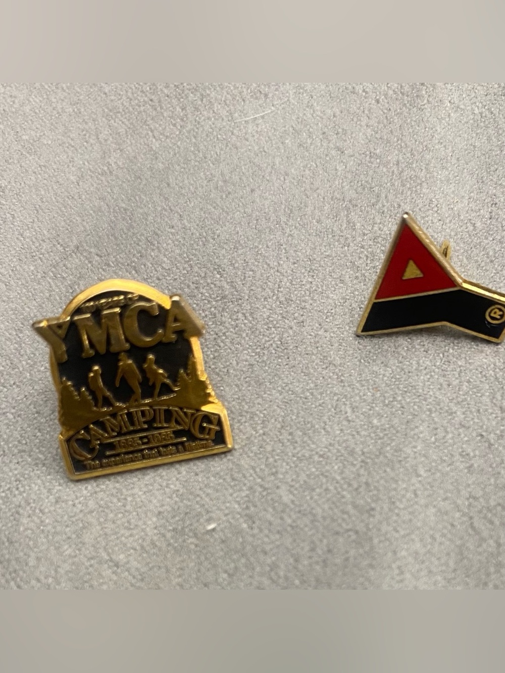 Vintage YMCA Lapel Pins Lot of 2 100 Years of Camping 1885-1985 Centennial Y Log